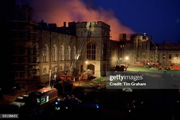 Windor Castle On Fire. Fire Engines Gathered In The Quadrangle.