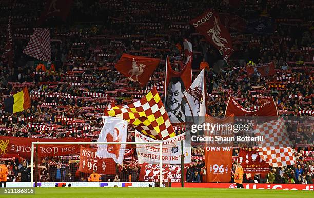 General view showing Liverpool fans flying flags and banners during the UEFA Europa League quarter final, second leg match between Liverpool and...