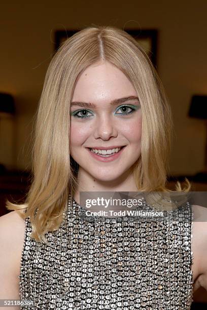 Actress Elle Fanning poses backstage during CinemaCon 2016 presents Amazon Studios: Exciting New Movies For Theatrical Distribution at Caesars Palace...