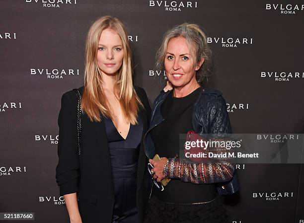 Marloes Horst and Amanda Bretherton arrive at the Bulgari flagship store reopening on New Bond Street on April 14, 2016 in London, England.