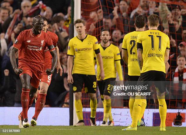 Liverpool's French defender Mamadou Sakho celebrates after scoring during the UEFA Europa league quarter-final second leg football match between...