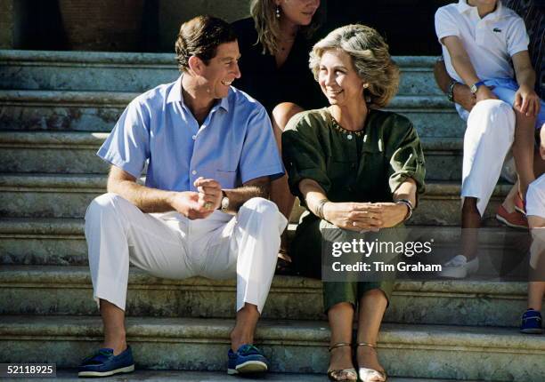 Prince Charles With Queen Sofia Of Spain On Holiday At The Marivent Palace In Majorca.