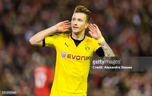Marco Reus of Borussia Dortmund celebrates after scoring the goal to the 1:3 during the UEFA Europa League Quarter Final: Second Leg match between...