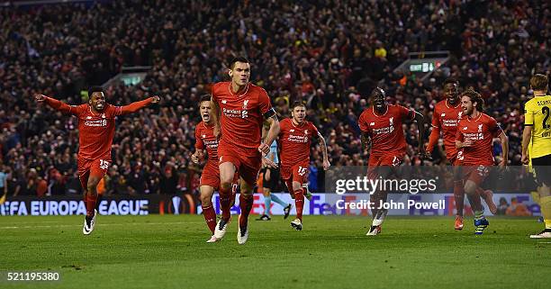 Dejan Lovren of Liverpool celebrates after scoring during the UEFA Europa League Quarter Final: Second Leg match between Liverpool and Borussia...