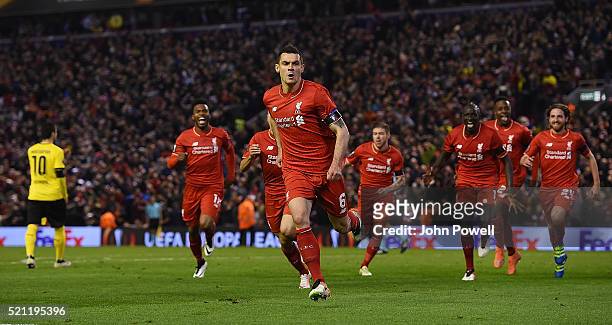 Dejan Lovren of Liverpool celebrates after scoring during the UEFA Europa League Quarter Final: Second Leg match between Liverpool and Borussia...