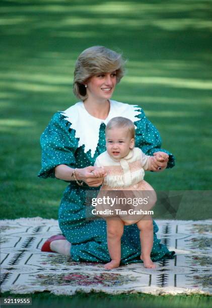 Diana, Princess Of Wales, Sitting On A Blanket Holding Her Baby Son, Prince William, So He Can Take His First Steps During A Photocall, Part Of His...