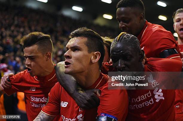 Dejan Lovren of Liverpool celebrates after scoring during the UEFA Europa League Quarter Final: Second Leg match between Liverpool and Borussia...