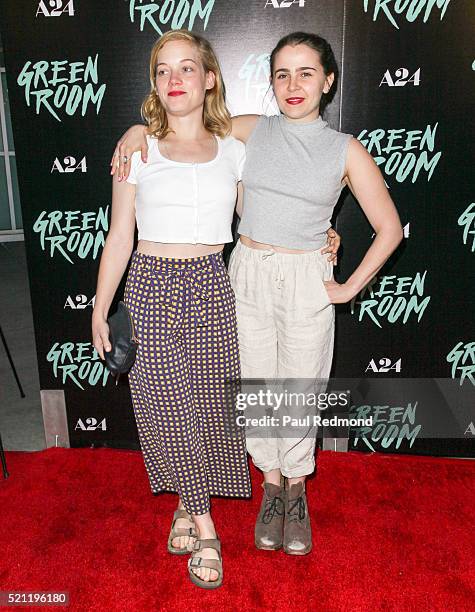 Actresses Jane Levy and Mae Whitman arrive at the Premiere of A24's "Green Room" at ArcLight Hollywood on April 13, 2016 in Hollywood, California.