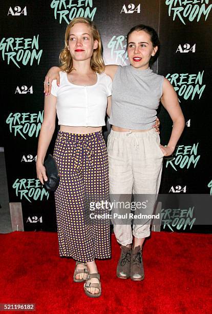 Actresses Jane Levy and Mae Whitman arrive at the Premiere of A24's "Green Room" at ArcLight Hollywood on April 13, 2016 in Hollywood, California.