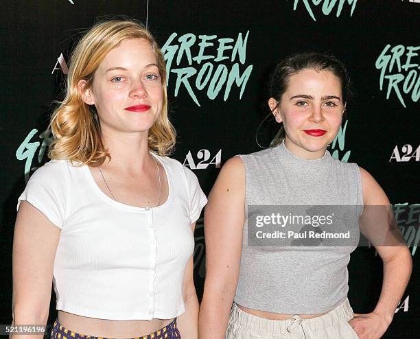 Actresses Jane Levy and Mae Whitman arrive at the Premiere of A24's "Green Room" at ArcLight Hollywood on April 13, 2016 in Hollywood, California.