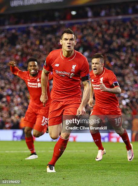 Dejan Lovren of Liverpool celebrates scoring his team's fourth goal during the UEFA Europa League quarter final, second leg match between Liverpool...