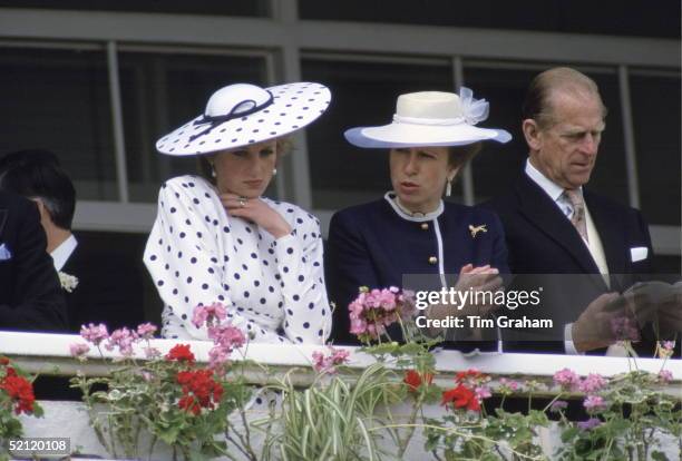 Princess Diana With Princess Anne And Prince Philip At The Derby