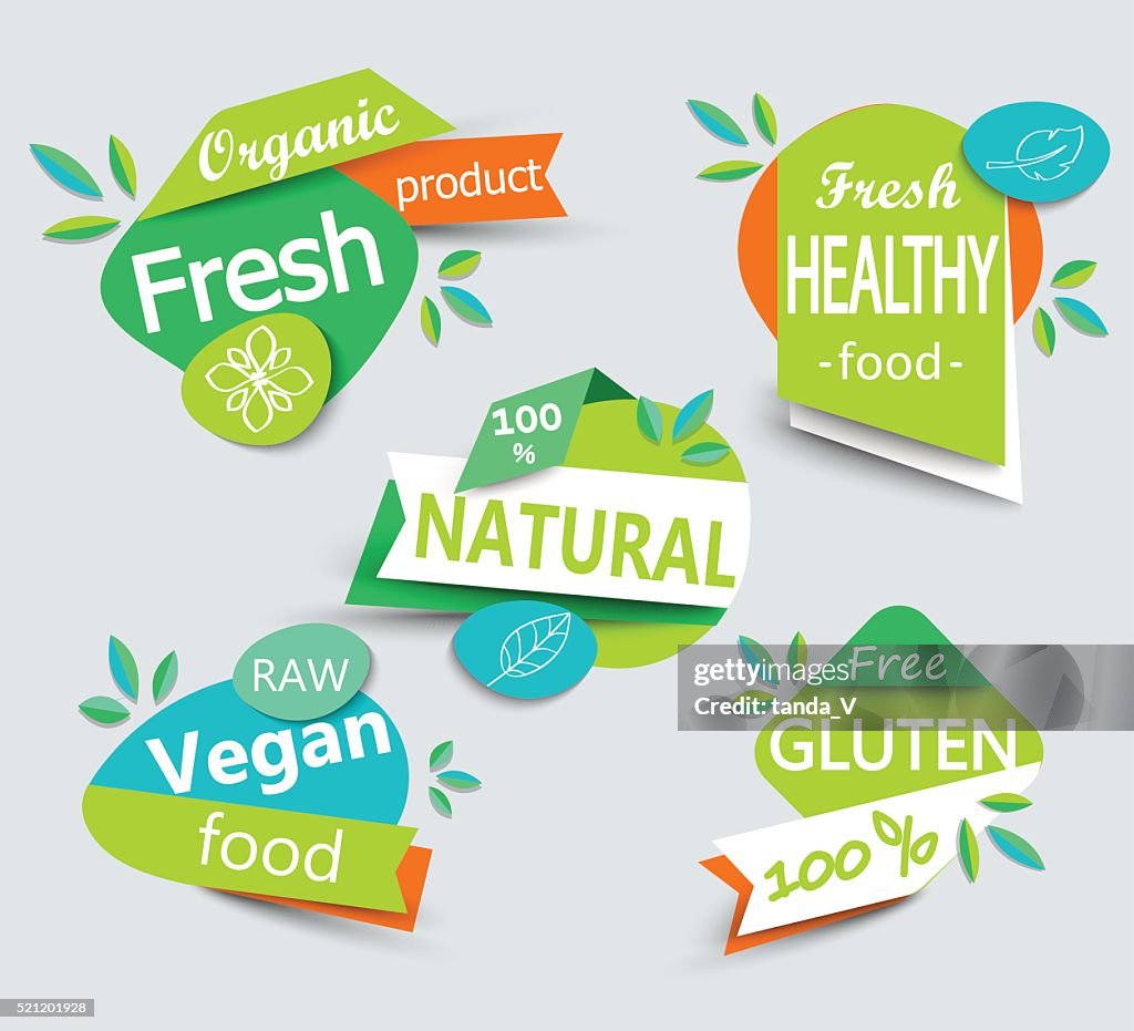 Moderno vettoriale impostare di etichette di alimenti biologici sani.