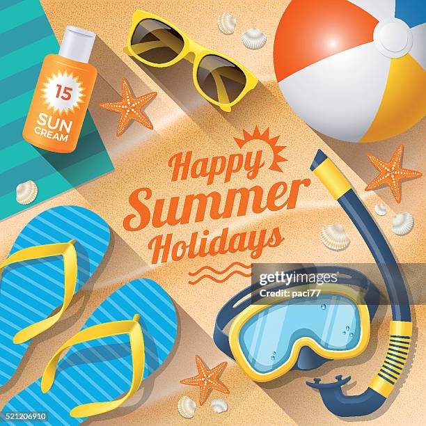 stockillustraties, clipart, cartoons en iconen met summer holidays with beach summer accessories - accessoire