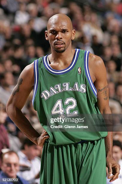 Jerry Stackhouse of the Dallas Mavericks looks on against the Washington Wizards during the game at American Airlines Arena on January 18, 2005 in...