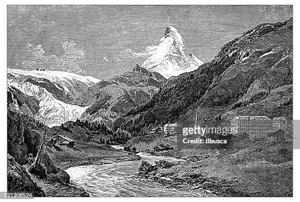 antike abbildung eines der schweiz : zermatt und matterhorn - swiss culture stock-grafiken, -clipart, -cartoons und -symbole