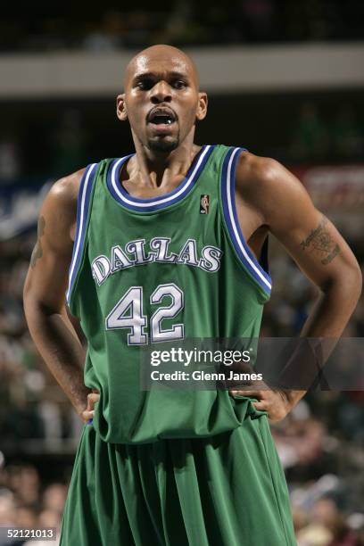 Jerry Stackhouse of the Dallas Mavericks looks on against the Washington Wizards during the game at American Airlines Arena on January 18, 2005 in...