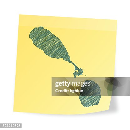 Saint Kitts and Nevis map on sticky note, scribble effect Saint Kitts and Nevis map on sticky note, scribble effect