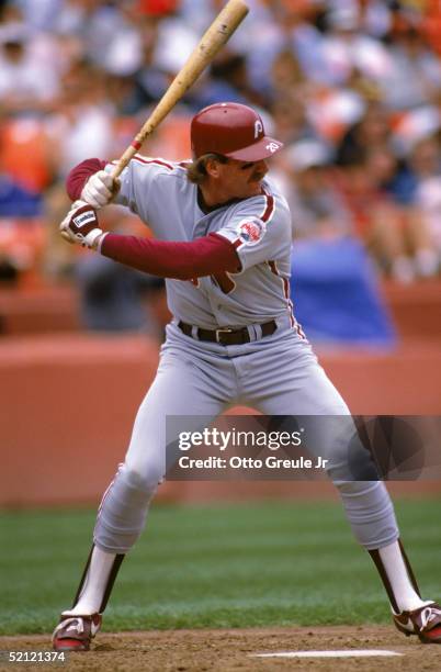 Mike Schmidt of the Philadelphia Phillies steps into the pitch during a 1989 season game against the Giants at Candlestick Park in San Francisco,...