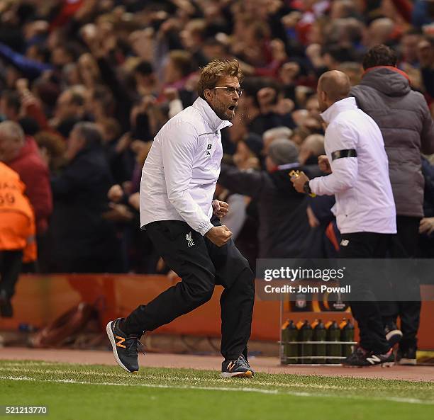 Jurgen Klopp manager of Liverpool celebrates the win during the UEFA Europa League Quarter Final: Second Leg match between Liverpool and Borussia...