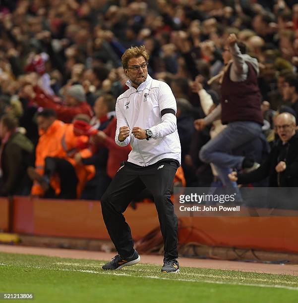 Jurgen Klopp manager of Liverpool celebrates the win during the UEFA Europa League Quarter Final: Second Leg match between Liverpool and Borussia...