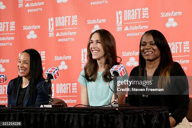 Legend Dawn Staley, Rebecca Lobo and Sheryl Swoopes talk to the media during the 2016 WNBA Draft Presented By State Farm on April 14, 2016 at Mohegan...