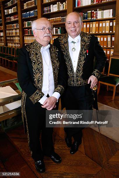 Academicians Erik Orsenna and Marc Lambron attend Marc Lambron becomes a Member of the Academie Francaise : Official Ceremony on April 14, 2016 in...