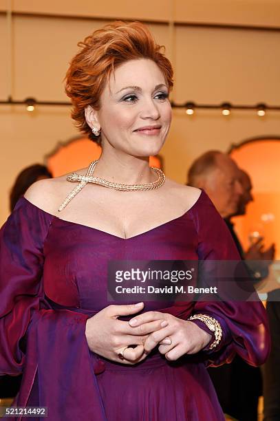 Carmen Giannattasio, wearing Bulgari jewellery, performs at the Bulgari flagship store reopening on New Bond Street on April 14, 2016 in London,...