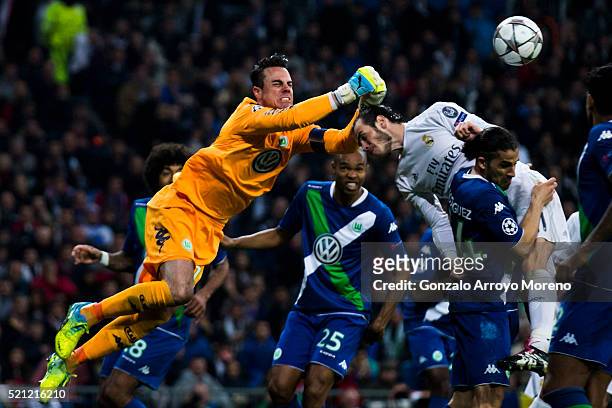 Goalkeeper Diego Benaglio of VfL Wolfsburg stops the ball headed by Gareth Bale of Real Madrid CF during the UEFA Champions League quarter final...