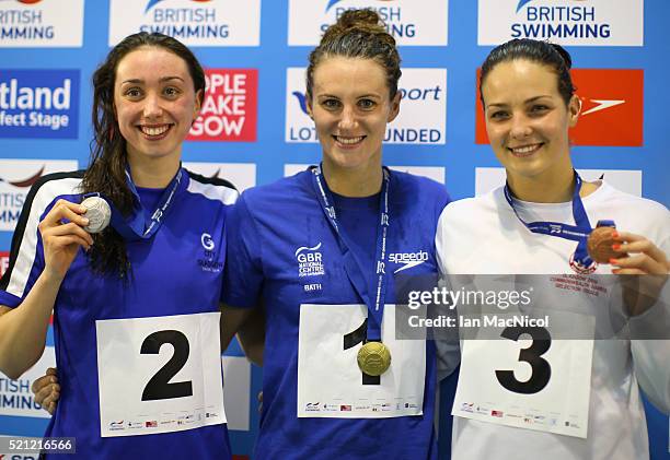 Camilla Hattersley, Jazz Carlin and Keri-Anne Payne pose with their medals after the Women's 800m Freestyle during Day Three of The British Swimming...