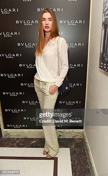 Zita d'Hauteville, carrying a Bulgari Serpenti Forever bag, attends the Bulgari flagship store reopening on New Bond Street on April 14, 2016 in...