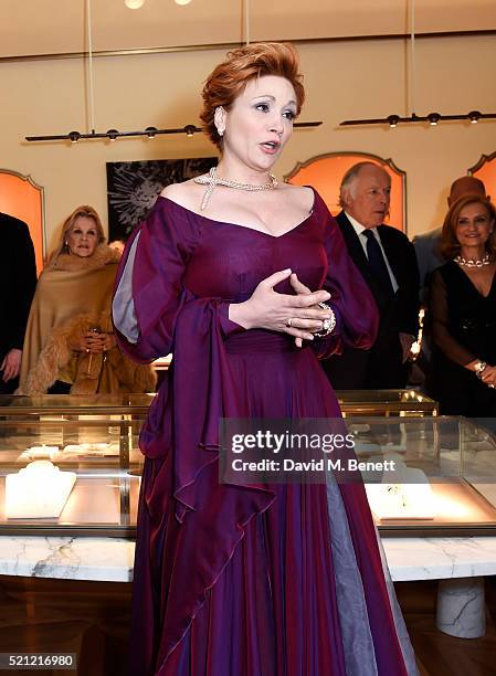 Carmen Giannattasio, wearing Bulgari jewellery, performs at the Bulgari flagship store reopening on New Bond Street on April 14, 2016 in London,...