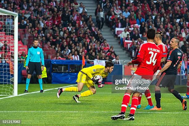 Benfica's goalkeeper Ederson in action during the UEFA Champions League Quarter Final: Second Leg match between SL Benfica and FC Bayern Munchen at...