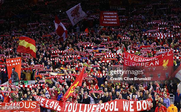 Liverpool fans cheer on their team during the UEFA Europa League quarter final, second leg match between Liverpool and Borussia Dortmund at Anfield...