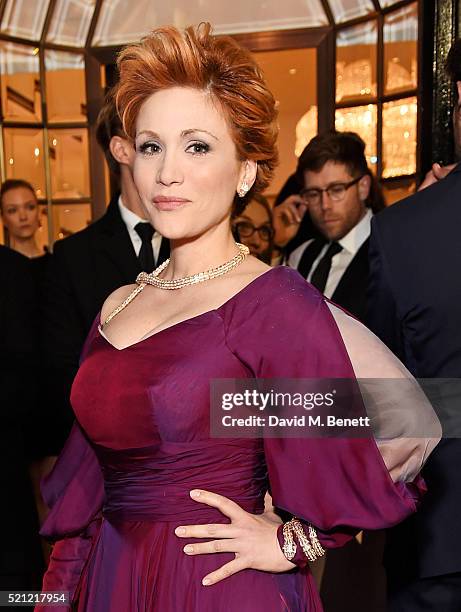 Carmen Giannattasio, wearing Bulgari jewellery, arrives at the Bulgari flagship store reopening on New Bond Street on April 14, 2016 in London,...