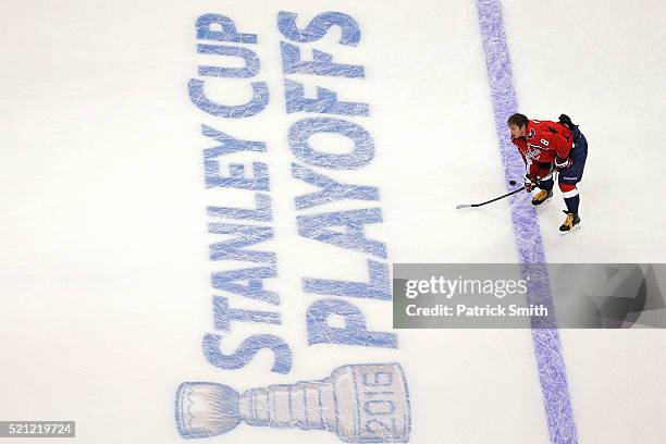 Alex Ovechkin of the Washington Capitals looks on during warmups before playing the Philadelphia Flyers in Game One of the Eastern Conference...