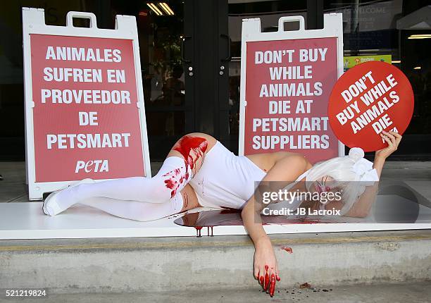 Model Courtney Stodden protests PetSmart for PETA at PetSmart on April 14, 2016 in Los Angeles, California.