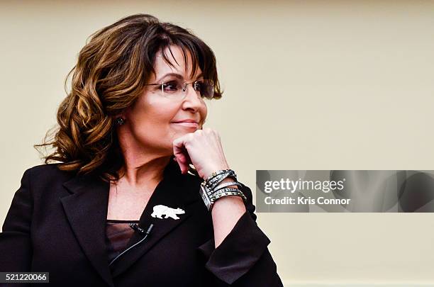 Former Governor Sarah Palin speaks during the "Climate Hustle" panel discussion at the Rayburn House Office Building on April 14, 2016 in Washington,...