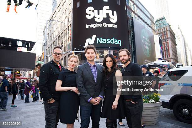 Todd Stashwick, Amanda Schull, Terry Matalas, Emily Hampshire and Aaron Stanford of Syfy's "12 Monkeys" ring the Nasdaq Stock Market Closing Bell at...