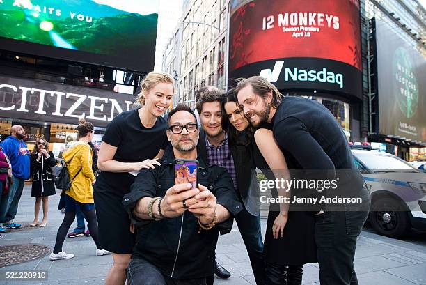 Syfy's "12 Monkeys" cast Amanda Schull, Todd Stashwick, Terry Matalas, Emily Hampshire and Aaron Stanford ring the Nasdaq Stock Market Closing Bell...