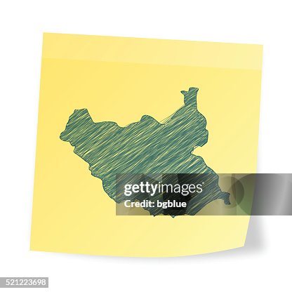 South Sudan map on sticky note with scribble effect South Sudan map on sticky note with scribble effect