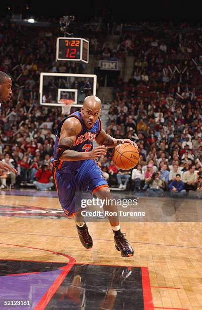 Stephon Marbury of the New York Knicks drives against the Toronto Raptors during the game on January 19, 2005 at the Air Canada Centre in Toronto,...