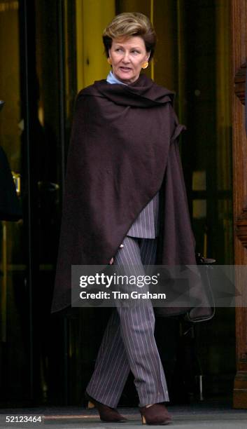 Queen Sonja of Norway leaving the 'Style and Splendour Queen Maud of Norway's Wardrobe 1896-1938' exhibition at the Victoria and Albert Museum...