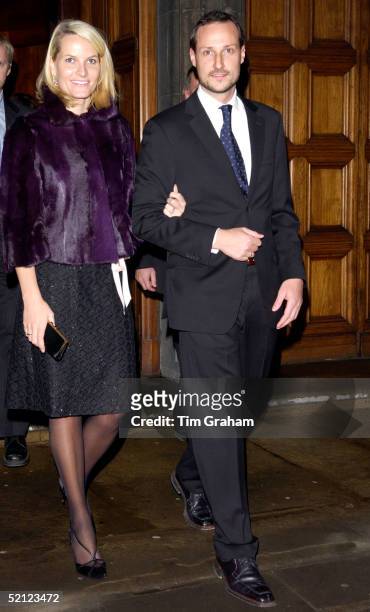 Crown Prince Haakon and Princess Mette-Marit of Norway walk arm in arm at the V & A for a reception to launch the exhibition 'Style and Splendour...