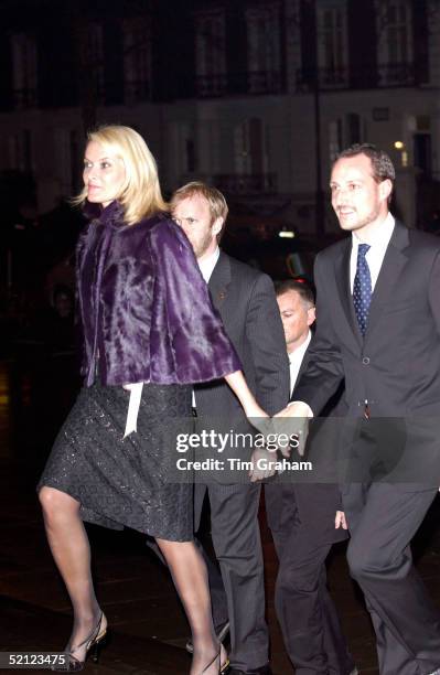 Crown Prince Haakon and Princess Mette-Marit of Norway holding hands arriving at the V & A for a reception to launch the exhibition 'Style and...