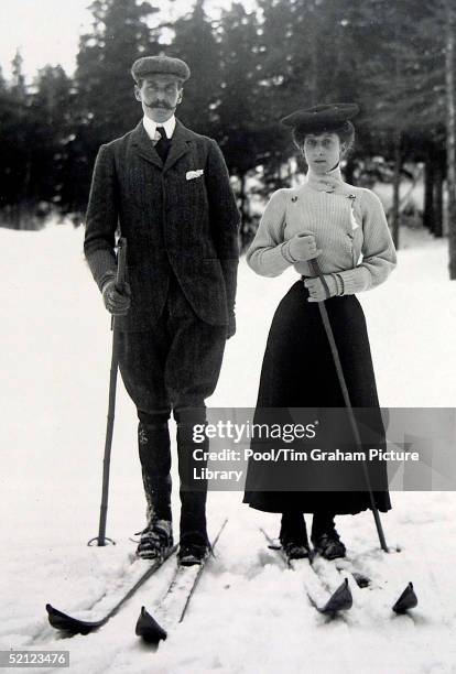 Photograph of King Haakon and Queen Maud skiing on display at the 'Style and Splendour Queen Maud of Norway's Wardrobe 1896-1938' exhibition at the...