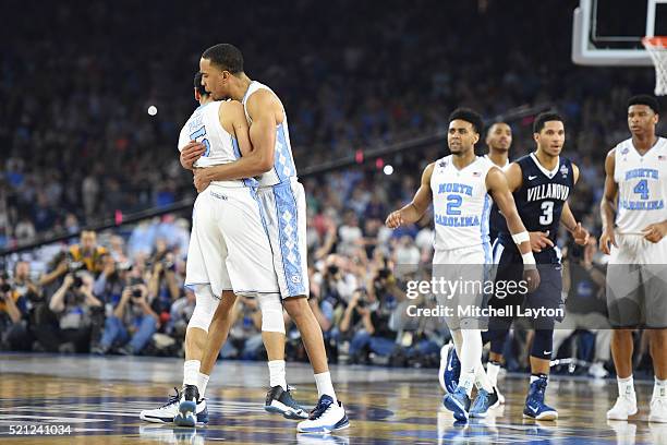 Marcus Paige and Brice Johnson of the North Carolina Tar Heels celebrate Paige's shot during the NCAA College Basketball Tournament Championship game...