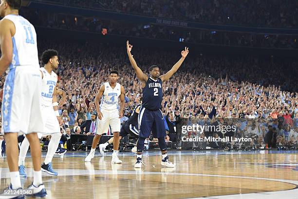 Kris Jenkins of the Villanova Wildcats celebrates after hitting the winning shot during the NCAA College Basketball Tournament Championship game...