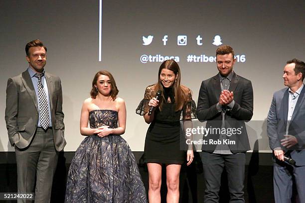 Jason Sudeikis, Maisie Williams, Jessica Biel, Justin Timberlake and Richard Robichaux speak onstage during "The Devil And The Deep Blue Sea"...