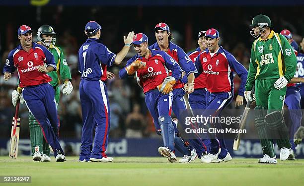 Geraint Jones of England celebrates stumping Andrew Hall of South Africa to force a draw, during the second one day international match between South...